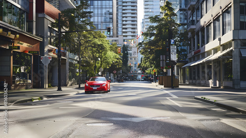 Red car on the empty urban street in a sunny day Car parked in downtown of Vancouver Canada Modern architecture view with car parked on a street Nobody street photo : Generative AI © Generative AI