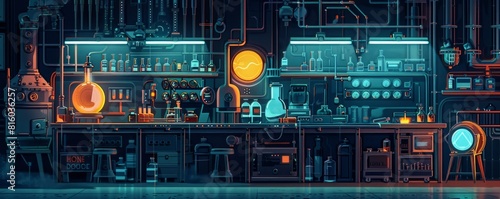 A steampunk laboratory where inventors and alchemists work tirelessly to unlock the secrets of the universe. illustration.