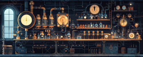 A steampunk laboratory filled with brass and gears, where mad scientists and inventors create fantastical contraptions and experimental machines.   illustration. photo