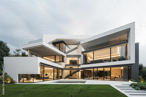 A contemporary mansion with a striking angular design, expansive windows, and a sprawling lawn, showcasing modern luxury against a solid white background. © Ateeq