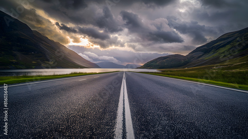 Uk scotland yell clouds over empty asphalt road with loch of galtagarth in background : Generative AI