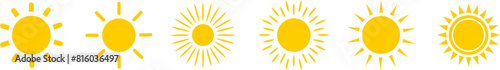 Sun icon set. Yellow sun star icons collection. Summer, sunlight, nature, sky. Vector illustration isolated on white background.