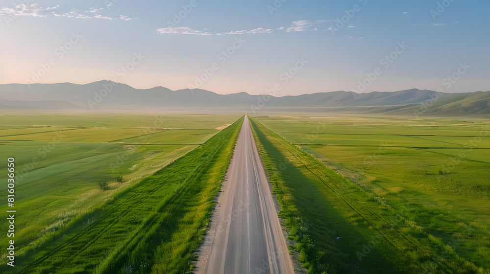 Straight country road and green farmland natural scenery at sunrise in Xinjiang China : Generative AI