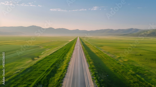 Straight country road and green farmland natural scenery at sunrise in Xinjiang China   Generative AI