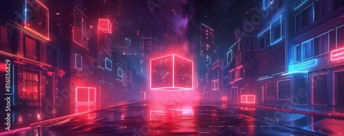 abstract red blue neon background. Glowing linear volumetric cube in the middle of the city street, under the starry night sky. simple illustration