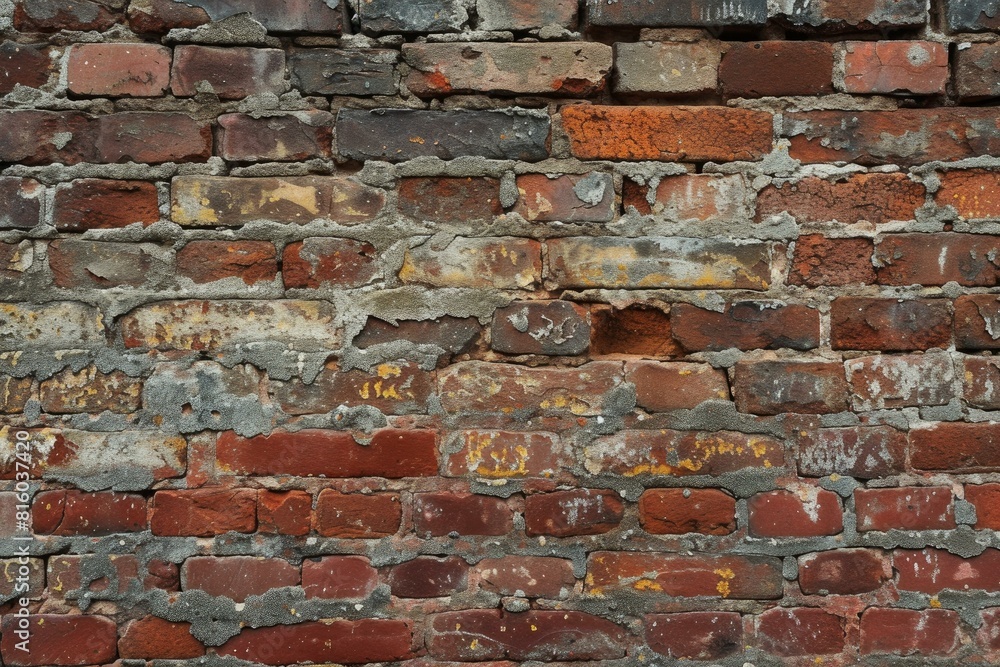 Close-up image of an old, weathered brick wall with varied colors and textures Close-up image of an old, weathered brick wall with varied colors and textures