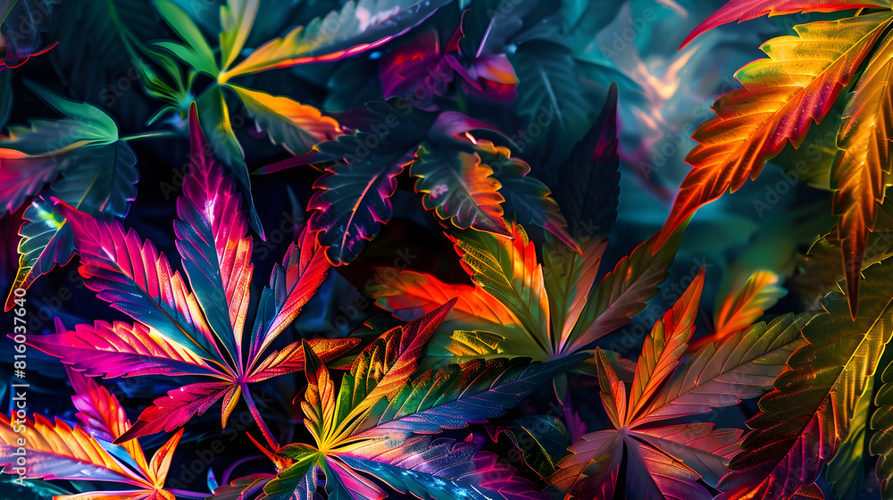 colorful club light on dry pressed cannabis leaves Cannabis before and after Dry cannabis pressed leaves ready to use against green fresh marijuana leaves relax party time with cannabi : Generative AI