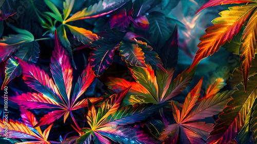 colorful club light on dry pressed cannabis leaves Cannabis before and after Dry cannabis pressed leaves ready to use against green fresh marijuana leaves relax party time with cannabi   Generative AI