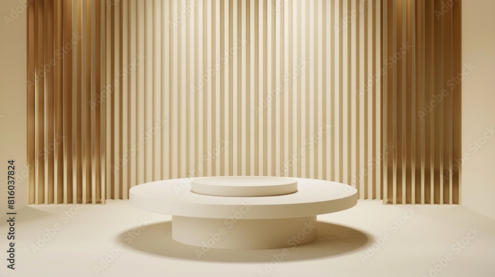 A minimalist exhibition space featuring a circular platform in the center, surrounded by vertical golden stripes. The background is softly lit, creating an elegant and modern atmosphere A minimalist exhibition space featuring a circular platform in the center, surrounded by vertical golden stripes. The background is softly lit, creating an elegant and modern atmosphere
