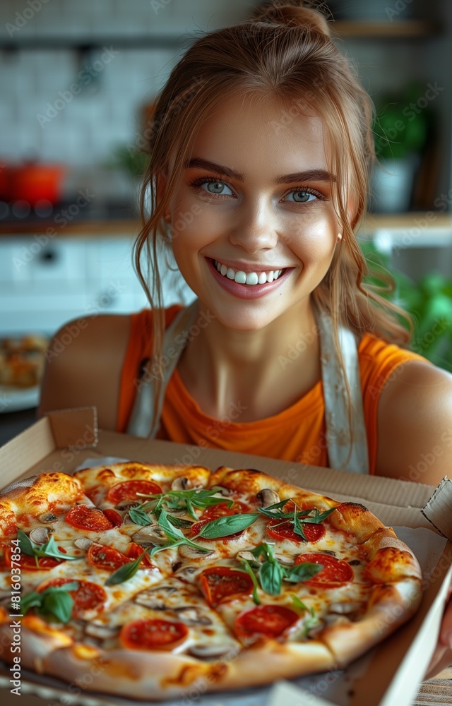 Young woman enjoys pizza in her modern kitchen, seated by table with open food box Young woman enjoys pizza in her modern kitchen, seated by table with open food box
