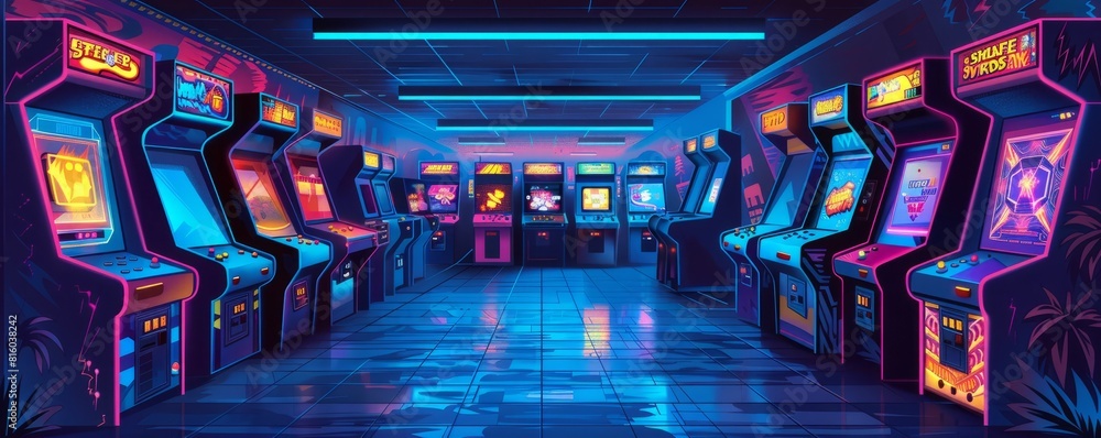 A retro-futuristic arcade where neon lights flicker and electronic sounds fill the air, transporting visitors to a bygone era of video game nostalgia. illustration. A retro-futuristic arcade where neon lights flicker and electronic sounds fill the air, transporting visitors to a bygone era of video game nostalgia. illustration.