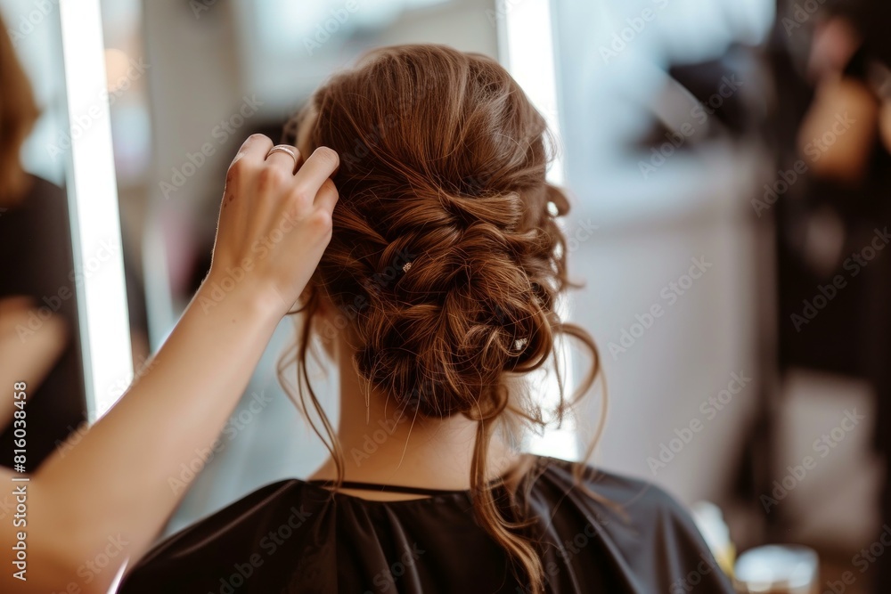 Fototapeta premium Close-up of a hairstylist creating a sophisticated updo for a bride