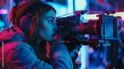 Young female director with headphones operating the camera on set.