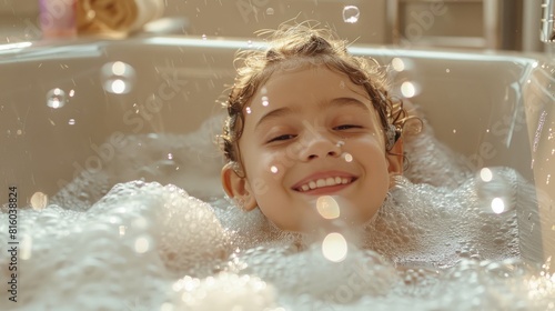 Girl enjoys bath time with bubbles and soap in a bathtub for body care and hygiene adding skincare products and having fun with water splashing in the bathroom