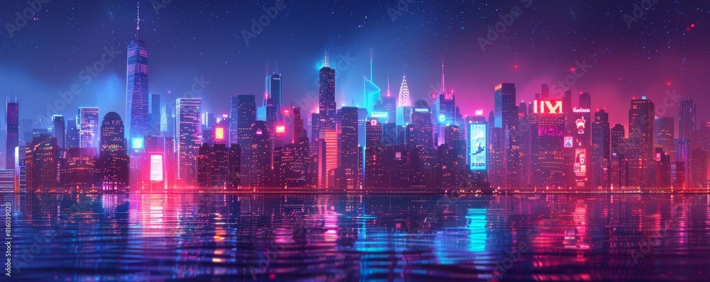 Obraz premium A futuristic megacity skyline with neon lights and holographic advertisements illuminating the night sky. illustration.