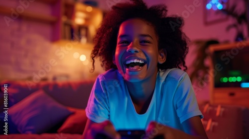 Child engrossed in a video game, surrounded by friends on screen as they play together online