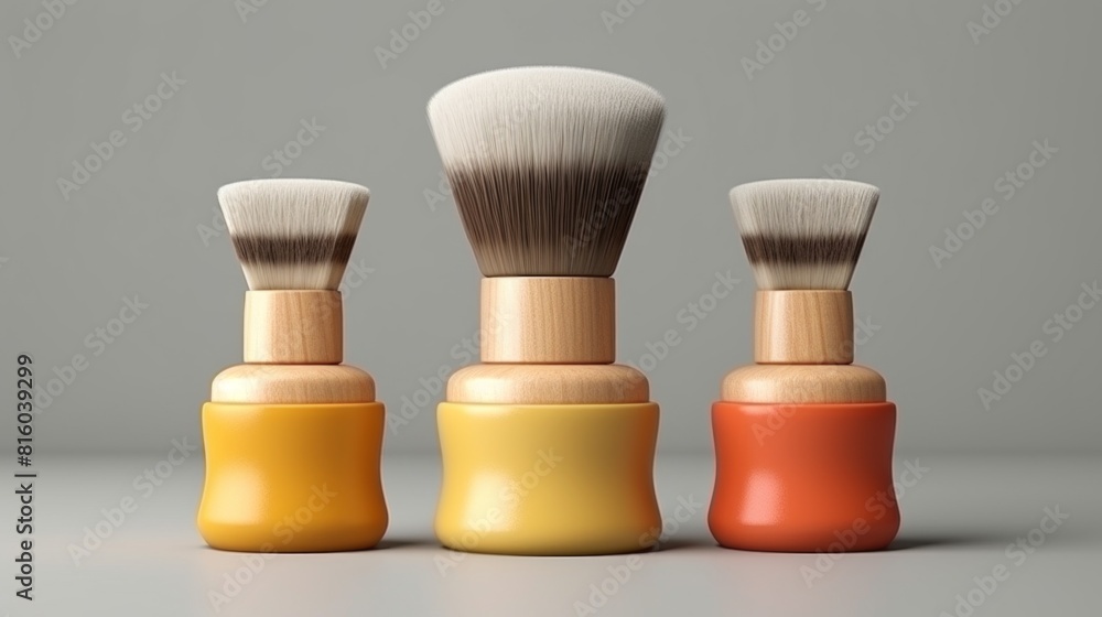 Three shaving brushes with wooden handles and synthetic bristles, arranged in a row on a plain background. The brushes have different sizes and colors, with two yellow and one orange handle Three shaving brushes with wooden handles and synthetic bristles, arranged in a row on a plain background. The brushes have different sizes and colors, with two yellow and one orange handle