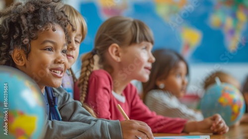 Young students sitting together at a desk inside a classroom, engaged in learning activities and interacting with each other.