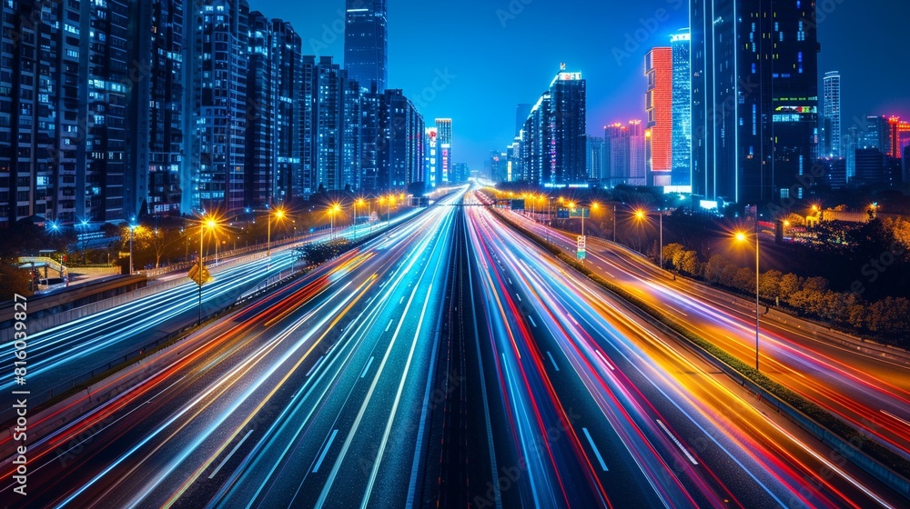 High speed urban traffic on a city highway during evening rush hour, captured by motion blur lighting effect and abstract long exposure photography High speed urban traffic on a city highway during evening rush hour, captured by motion blur lighting effect and abstract long exposure photography
