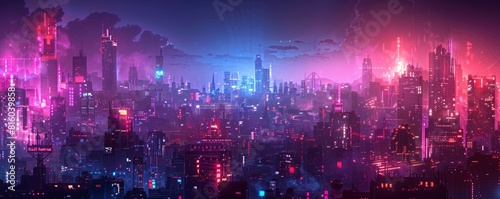 A dystopian metropolis shrouded in darkness  with towering skyscrapers and dilapidated slums stretching as far as the eye can see beneath the glow of neon lights.   illustration.