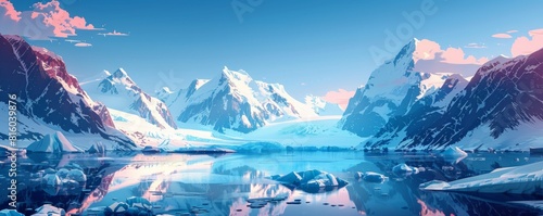 A mystical glacial lake surrounded by towering icebergs and snow-capped mountains. illustration.