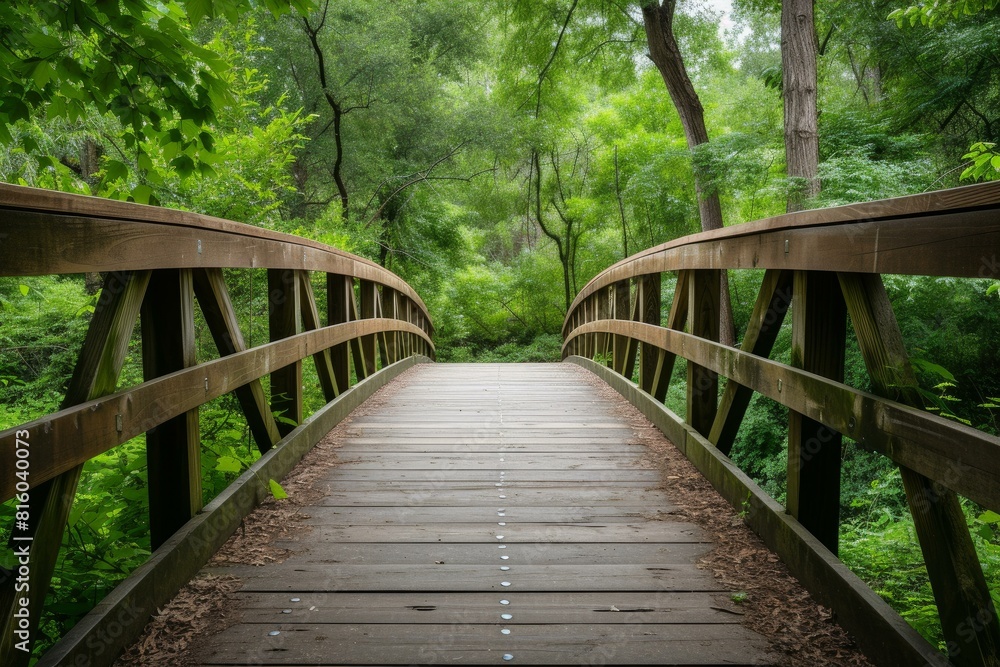 Tranquil pathway over a wooden bridge surrounded by dense green foliage