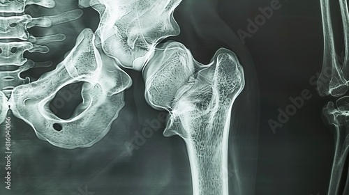 A detailed Xray of a femoral neck fracture, with vertebrae clearly visible, offering thorough orthopedic examination for accurate diagnosis
