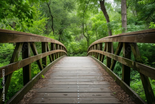 Tranquil pathway over a wooden bridge surrounded by dense green foliage