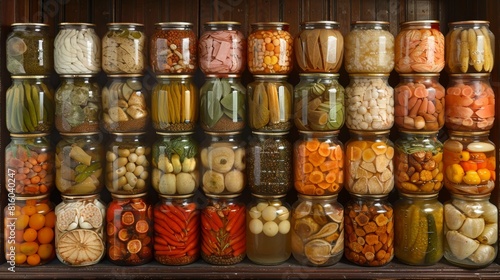 Assorted variety of preserved food in glass jars displayed on vintage wooden shelves