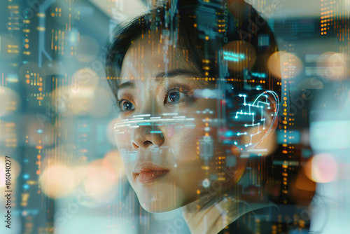 Futuristic portrait of Asian girl with glowing data visualization reflection of the screen. Woman In the network with line of code projected on her face. VR screen  AI Artificial Intelligence concept