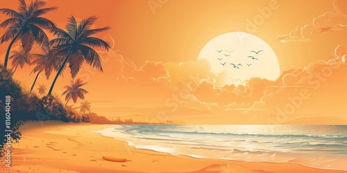 summer background with beach scene in orange tone colors illustration