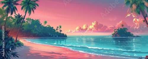 An idyllic beach and ocean landscape on a tropical island with palm trees and coconut trees in the sunset light.  simple illustration