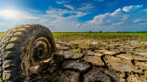 Empty dry cracked swamp reclamation soil land plot for housing construction project with car tire print in rural area and beautiful blue sky with fresh air Land for sales landscape con : Generative AI