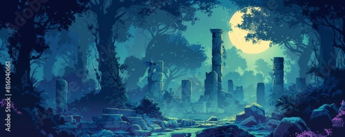 A mystical forest filled with ancient ruins and forgotten temples, where whispering winds and shifting shadows conceal secrets of the past, and creatures of legend roam amidst the overgrown foliage. photo