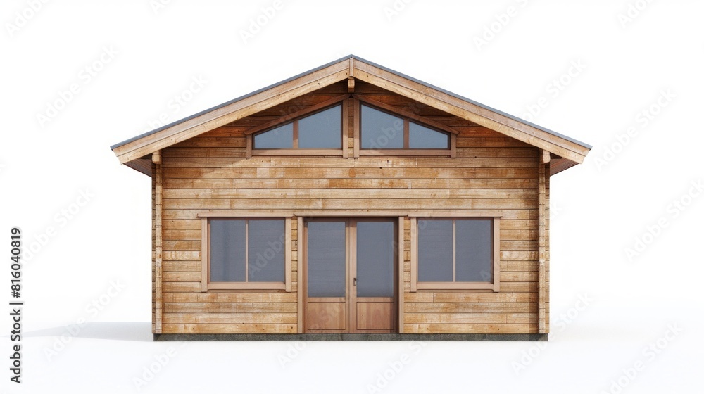 A front view of a small wooden cabin with a gable roof, large windows, and a central door. The cabin has a rustic appearance with natural wood textures and a simple design A front view of a small wooden cabin with a gable roof, large windows, and a central door. The cabin has a rustic appearance with natural wood textures and a simple design