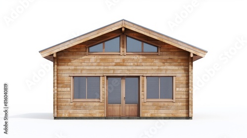 A front view of a small wooden cabin with a gable roof, large windows, and a central door. The cabin has a rustic appearance with natural wood textures and a simple design © Sohaib q