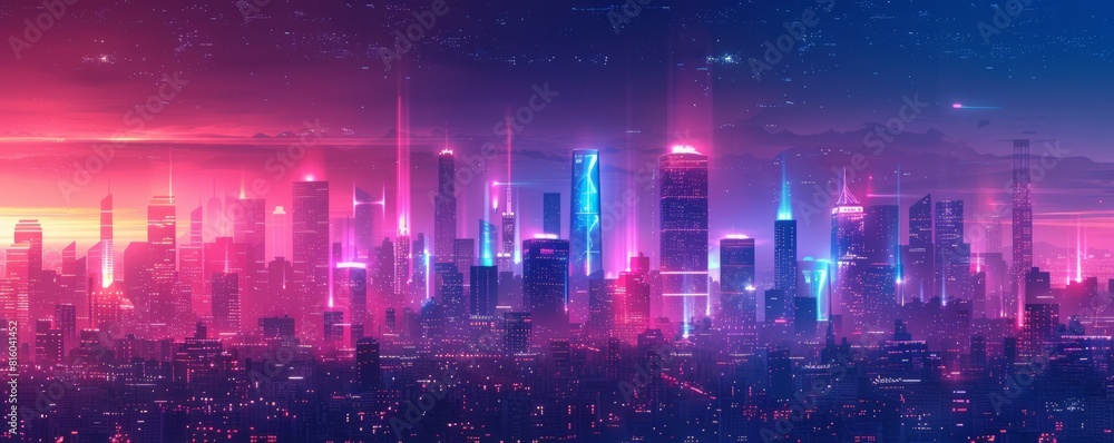 A futuristic megalopolis bustling with activity, its towering skyscrapers and neon lights illuminating the night sky.   illustration.