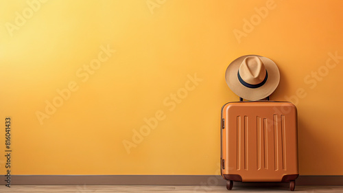 Minimalist image: bright wall, brown suitcase, and hat, representing adventure and love for travel. photo