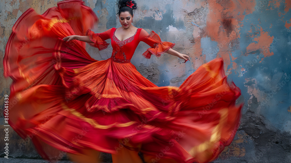 Fototapeta premium A flamenco dancer stamping and twirling, the vibrant costume and dramatic movements captivating the urban audience. Dynamic and dramatic composition, with copy space