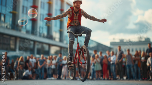 A unicyclist balancing skillfully while juggling, the impressive act drawing smiles and cheers from the crowd. Dynamic and dramatic composition, with copy space photo