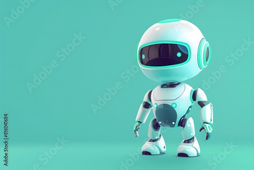 3D vector illustration of a cute robot character, with a flat color background and simple design