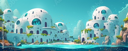 An underwater civilization thriving beneath the waves, with domed cities and underwater habitats providing refuge for aquatic species amidst the depths of the ocean.   illustration.