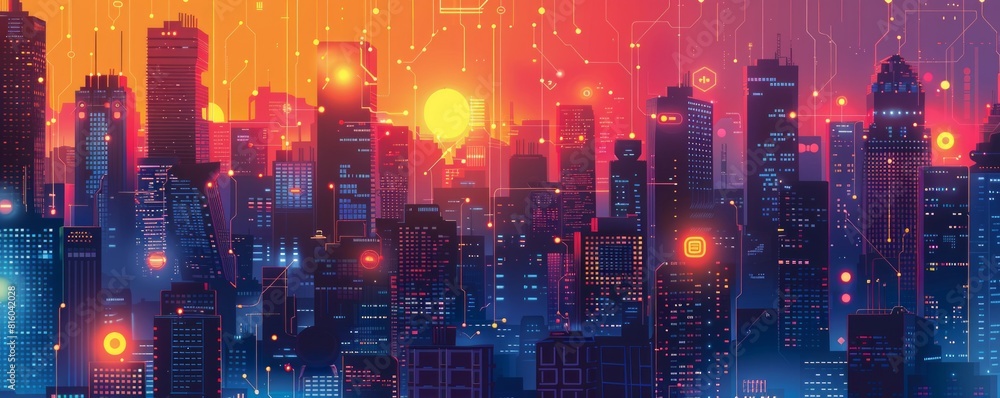 A cybernetic metropolis where artificial intelligence governs every aspect of daily life, from transportation to entertainment, in a seamless network of interconnected systems. illustration. A cybernetic metropolis where artificial intelligence governs every aspect of daily life, from transportation to entertainment, in a seamless network of interconnected systems. illustration.