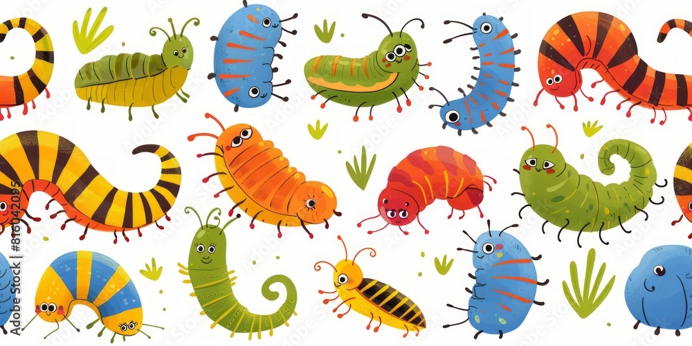Obraz premium Seamless pattern with cartoon bright caterpillars, slugs and hairy centipedes on white background. Insects background. For banner, children, pattern, decorative. illustration