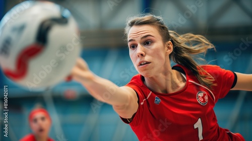 White woman practicing handball sport, person is focused and enjoying the sport, sports photography, generative ai.