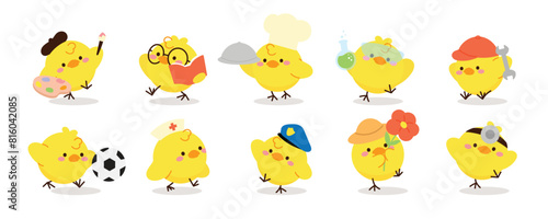 Set of cute easter chicks vector. Happy animal occupation with yellow chicks in different career, doctor, farmer, chef, teacher. Chicken character illustration design for clipart, sticker, card.
