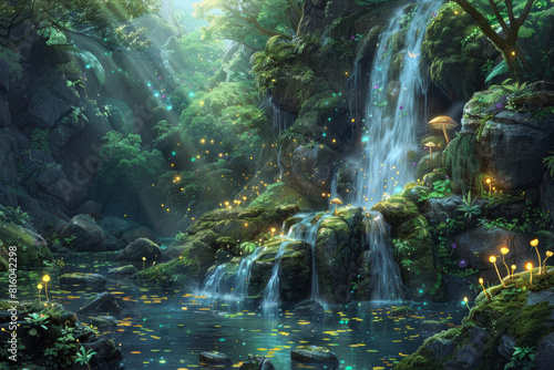 A magical forest waterfall cascading into a crystal-clear pool  with a hidden fairy grotto behind the veil of water and glowing mushrooms scattered along the mossy rocks