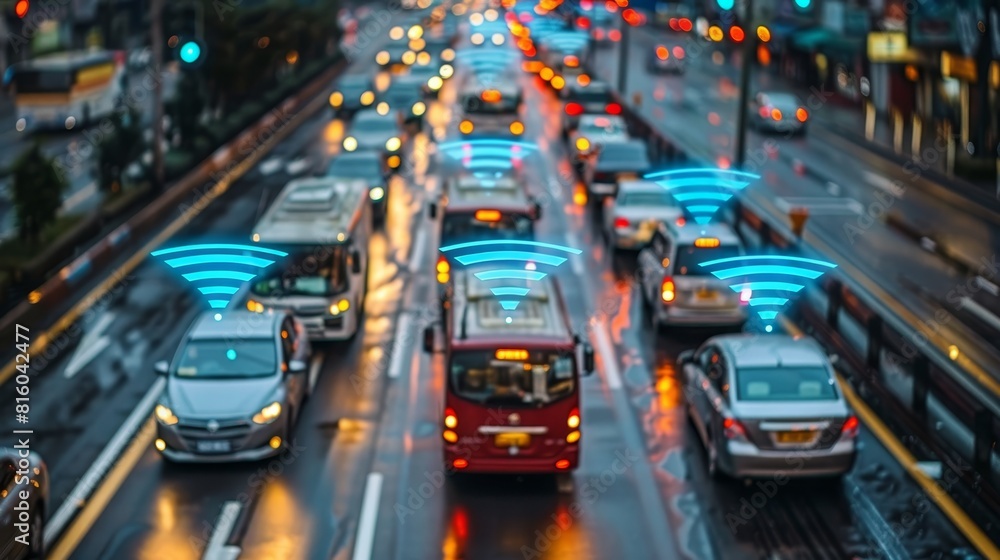 Autonomous vehicles on highway at sunset futuristic transport technology in action Autonomous vehicles on highway at sunset futuristic transport technology in action