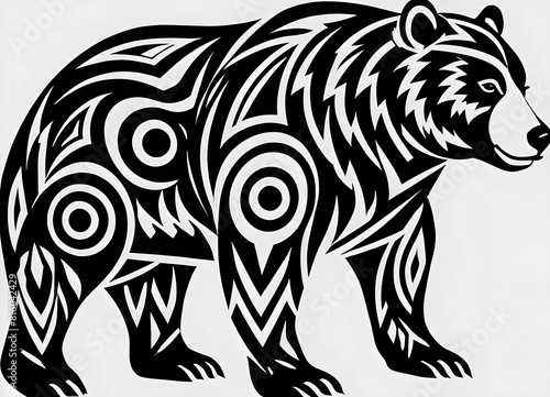 A stylized black and white image of a bear with abstract geometric patterns and shapes forming its body and features