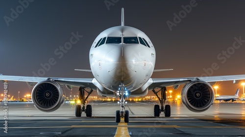 Futuristic digital enhancements transform nighttime commercial airplane on runway